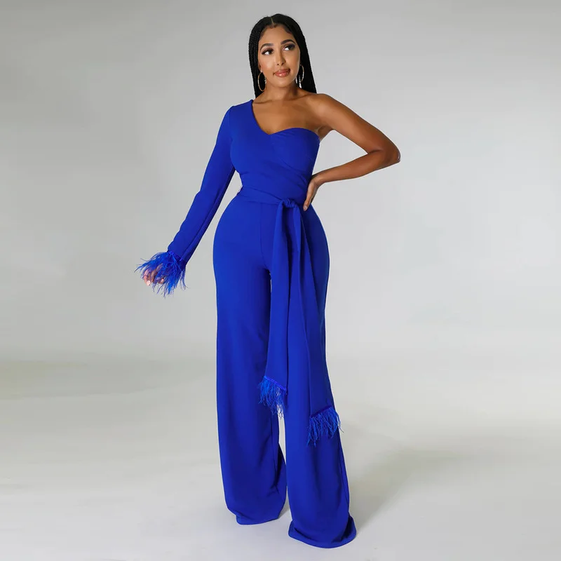 

KEXU Solid One Shoulder Full Sleeve Strapless Feather Women Jumpsuit Sashes Stretchy Bodycon Rompers Sexy Fashion Fall Outfit