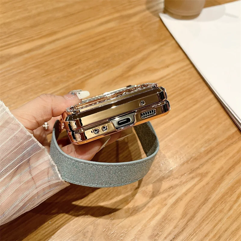 Rhinestone Glitter Trim Phone Case For Samsung Galaxy Z Flip 5 4 3 5G Pu Leather Wrist Strap Hinge Plating Plastic Back Cover