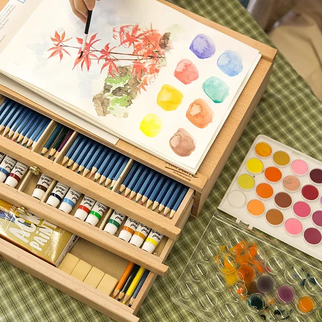 40.9x25.9cm Desktop Easel Wooden Storage Painting Box 3-layer Drawer Portable Oil Painting Box Sketch Pencil Tool Box 4