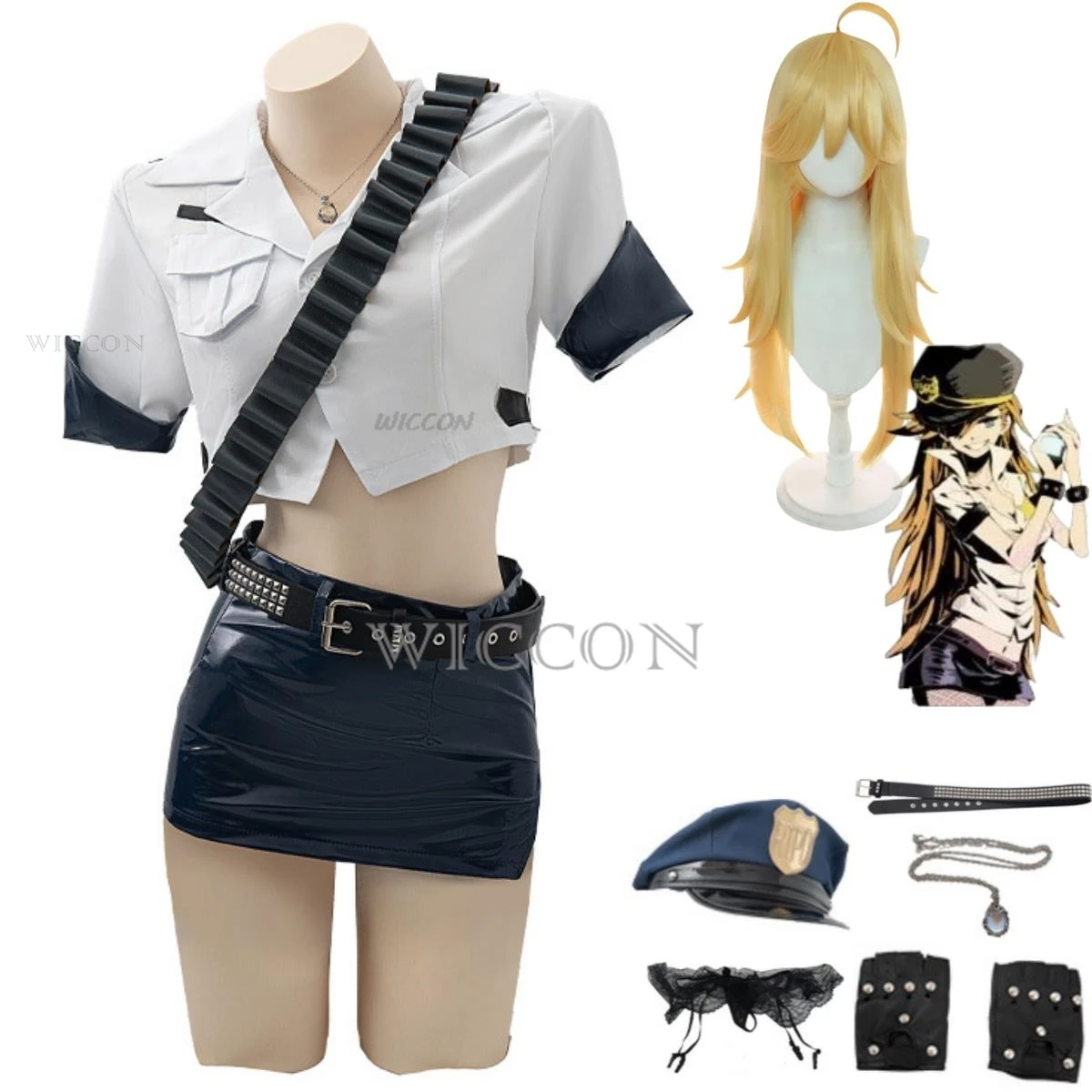 

Panty Anarchy Cosplay Costume Wig Police Uniform PU Skirt Woman Sexy Kawaii Carnival Suit Anime Panty & Stocking with Garterbelt