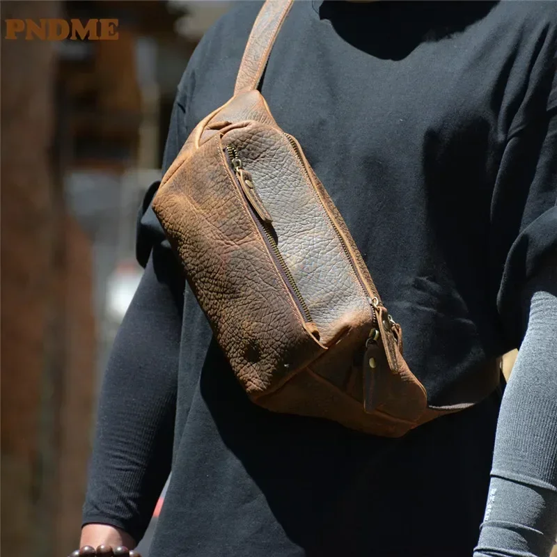 

PNDME vintage genuine leather men's chest bag casual fashion luxury real cowhide cross-body bag daily motorcycle shoulder bag