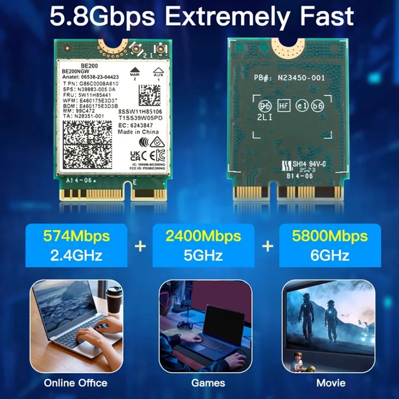 PC 노트북용 녹색 무선 네트워크 카드, BE200, BT5.4, 와이파이 카드, BE200NGW, 2.4 Ghz, 5 Ghz, 6Ghz, 5.8 Gbps, M.2 어댑터, 1 개