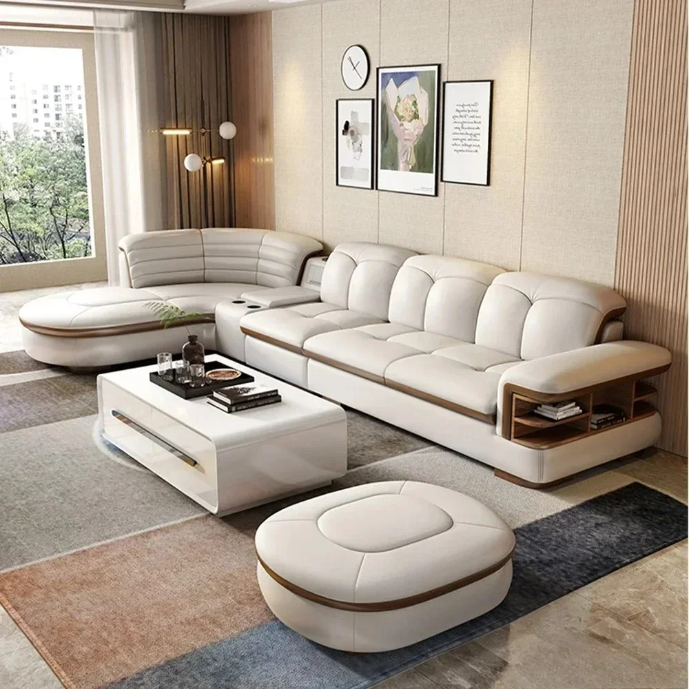 Luxury L-Shaped Genuine Leather Sectional Sofa Sets with USB, Bluetooth Speaker-MINGDIBAO Living Room Italian Leather Couches