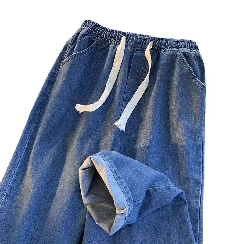 Spring Autumn Men's Elastic Waist Straight-Leg Jeans Loose-Fit Plus Size Casual Pants Drawstring Casual Slacks Plus Size 5