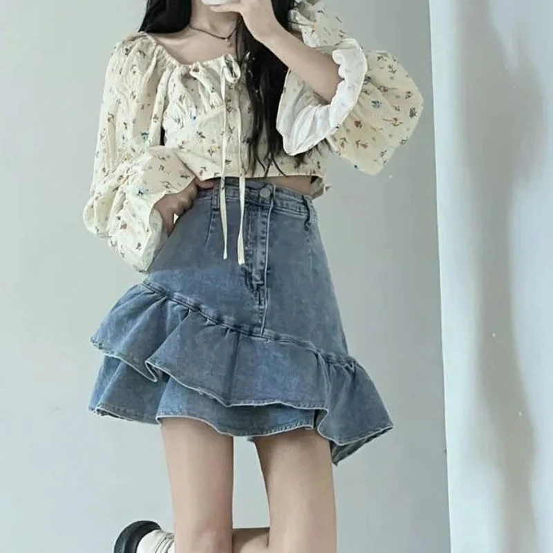 Hotsweet Women Shirt Vintage Distressed  Empire Trumpet High Street Slim Solid Asymmetrical Ruffles Denim Shirt