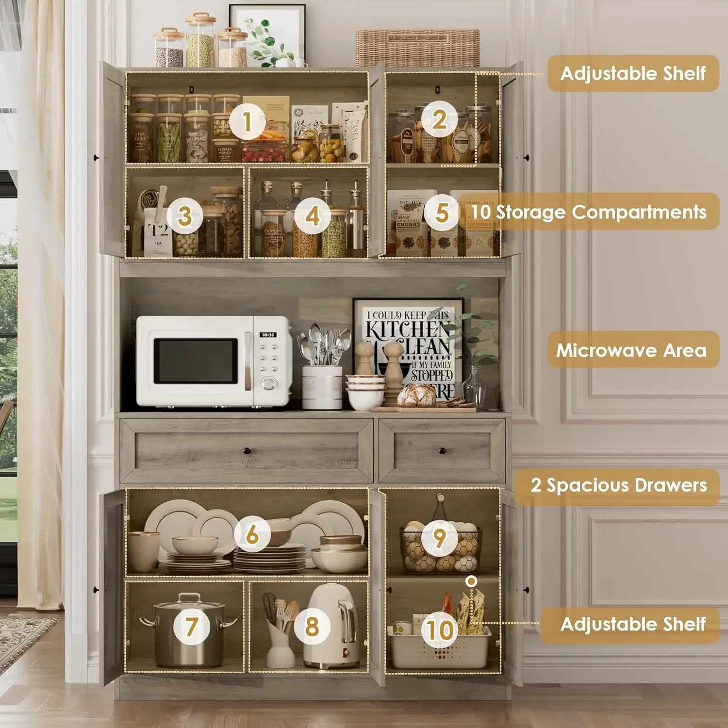 NEW-72" Kitchen Pantry Cabinet, Kitchen Hutch with Microwave Stand, Buffet Cabinet with Hutch for Dining Room, Ash Gray