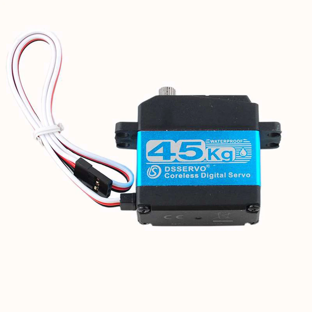 Gros plan sur l'axe de sortie du Servo Moteur Coreless DS3245 45Kg Haute Vitesse 180/270° IP66, montrant les engrenages métalliques internes.