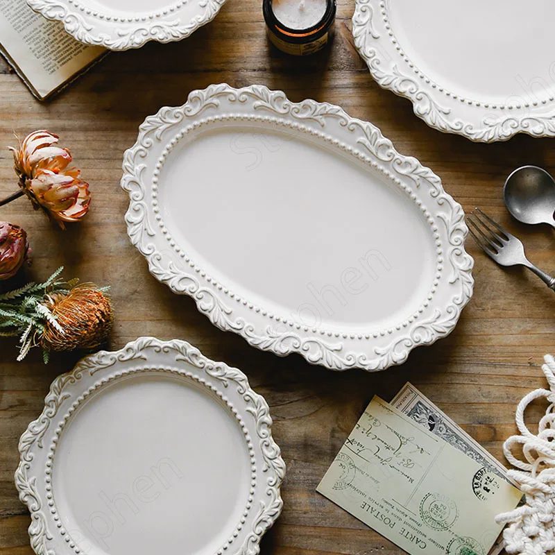 Plastic Dinner Plates French Baroque Vintage Relief Dinner Plate Nordic Vintage Solid Color Carving Craft Dishes and Plates Sets Household Kitchenware