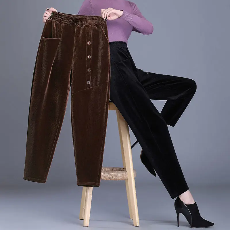 Women's Clothing Vintage Autumn Winter Thin Solid Color Buttons Patchwork Pocket Elastic Waist Fashion Loose Casual Harem Pants 2023 autumn and winter new korean version of loose casual stretch jeans embroidered loose and thin harem pants middle aged t853