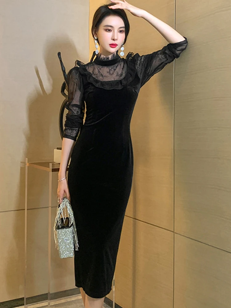 

2023 Spring Fashion Korean Style Dress for Women Retro Long Sleeve Midi Robe Elegant Sexy Lace Slit Clothes Female Party Vestido