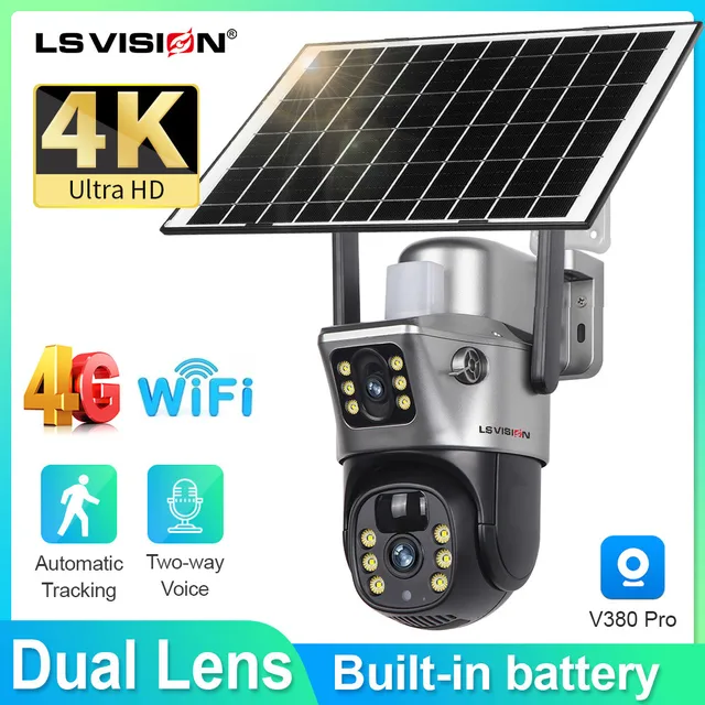 LS VISION 4K Solar Camera 8MP 4G SIM Card Dual Lens Screen Wifi Surveillance PTZ Battery Camera Color Night Vision PIR Detect 1