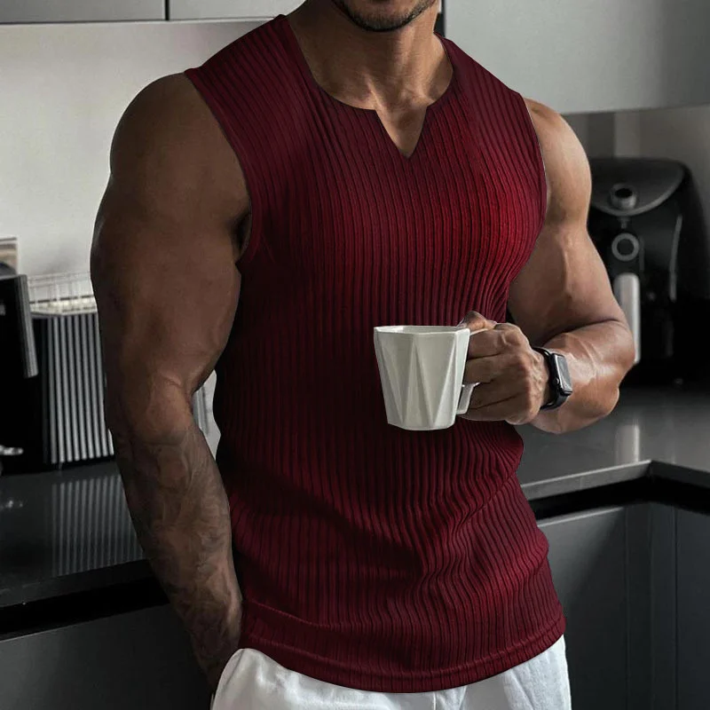 

Summer leisure wine red men's vest wide shoulder V-neck fashion top vertical stripe thin quick-drying sports fitness clothing