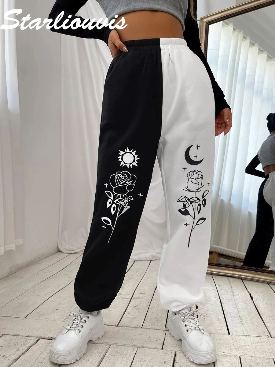 fashion clothing Fashion Pants Women Harajuku Printed High Waist Sweatpants Street Style Casual Patchwork Trousers Joggers Summer 2022 black capri pants