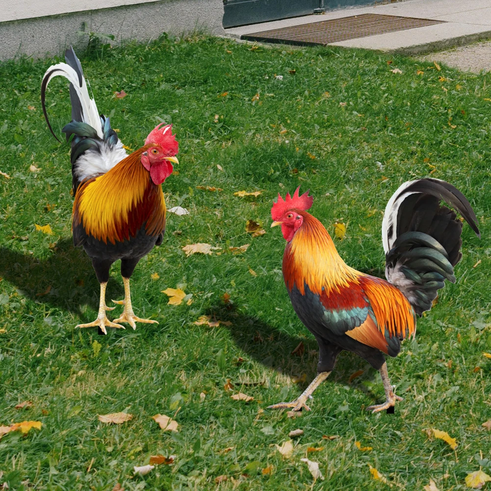 2PCS Simulated Rooster Ornaments Ornamental Decorative Garden Chicken Statue Weatherproof for Garden Patio Backyard Decoration