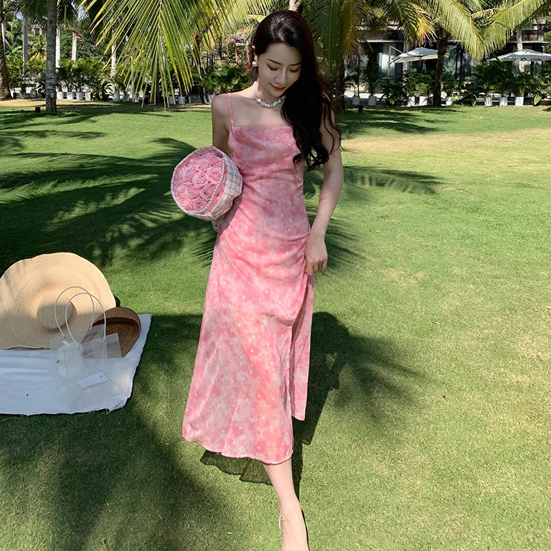 

Beach Style Pink Floral Chiffon Dress Women 2022 Summer New High Waist Strapless Backless Dresses for Seaside Female