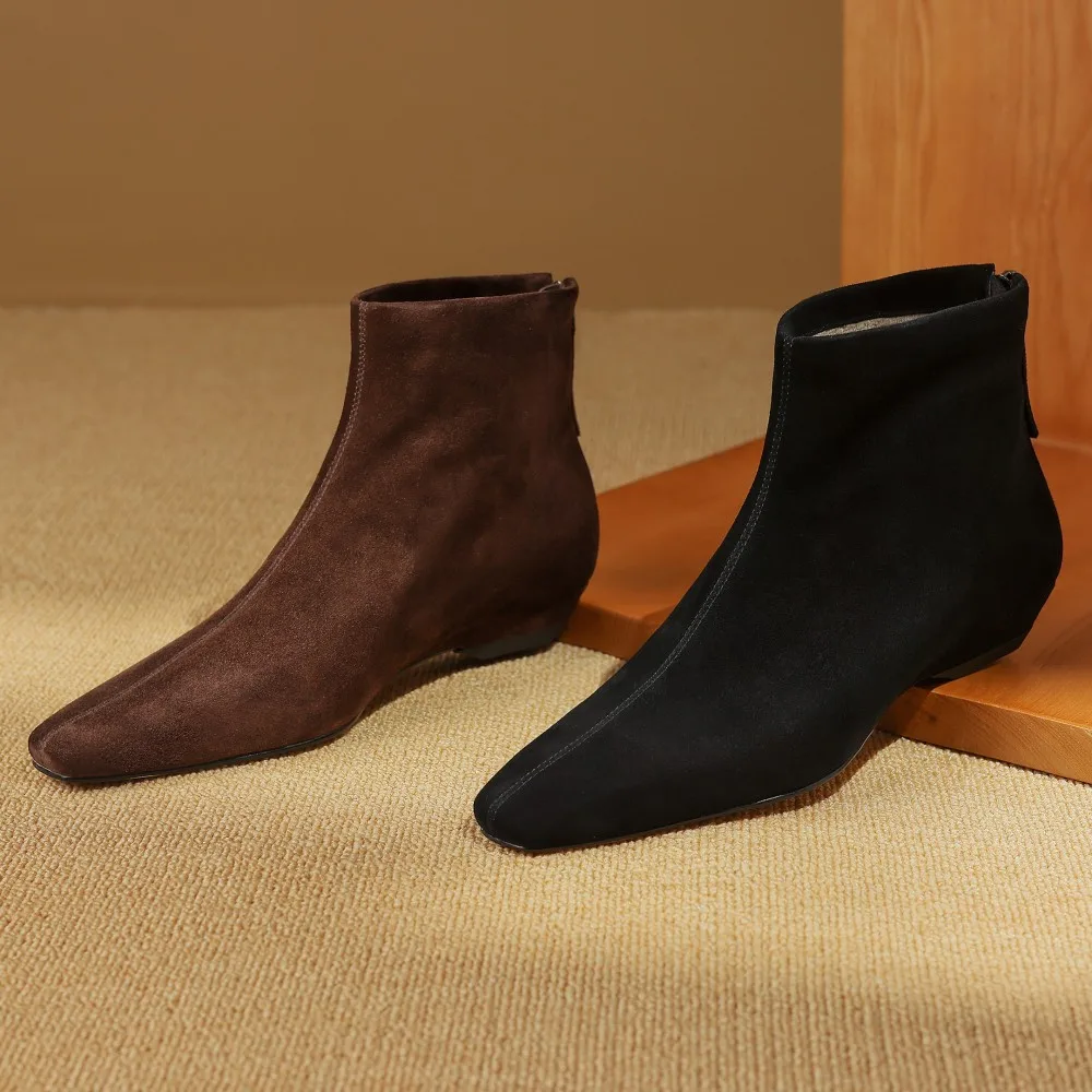 Plus size 34-42 women's natural suede leather back zip autumn flats ankle boots square toe casual female high quality short boot