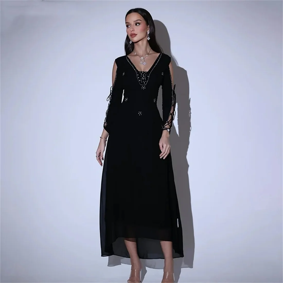 

Black V Neck Beaded A-Line Prom Dresses Women's Party Evening Gown Ankle Length Special Occasion Gowns 2024