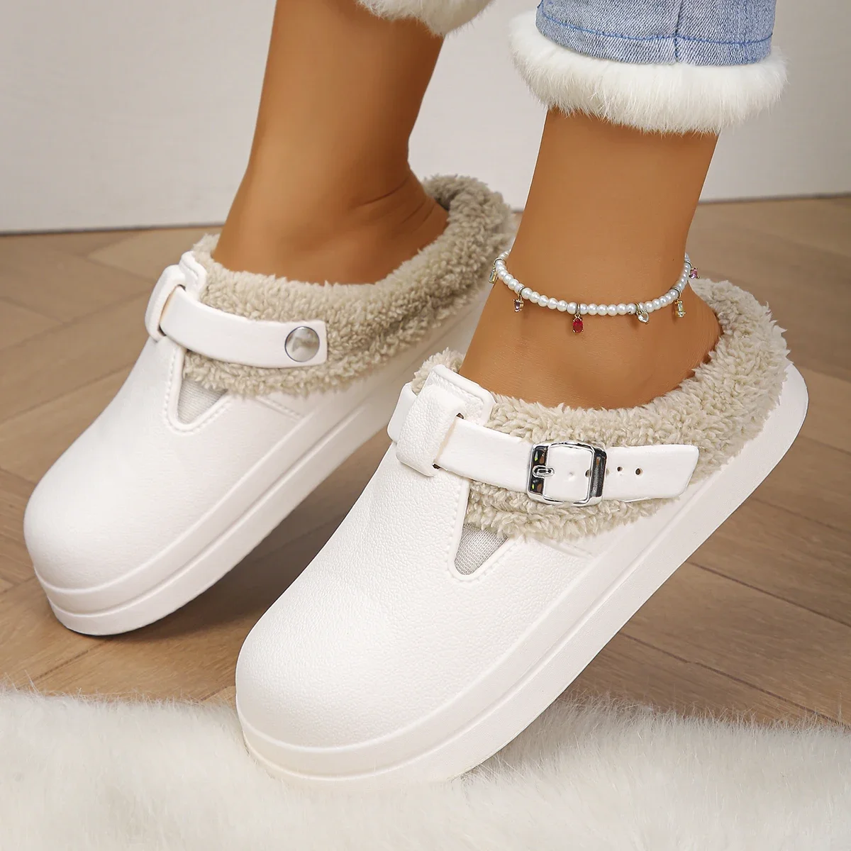Closed Toe Home Cotton Slippers Women 2025 Winter Buckle Straps Indoor Clogs Shoes Woman Non Slip Flat Heels House Slippers