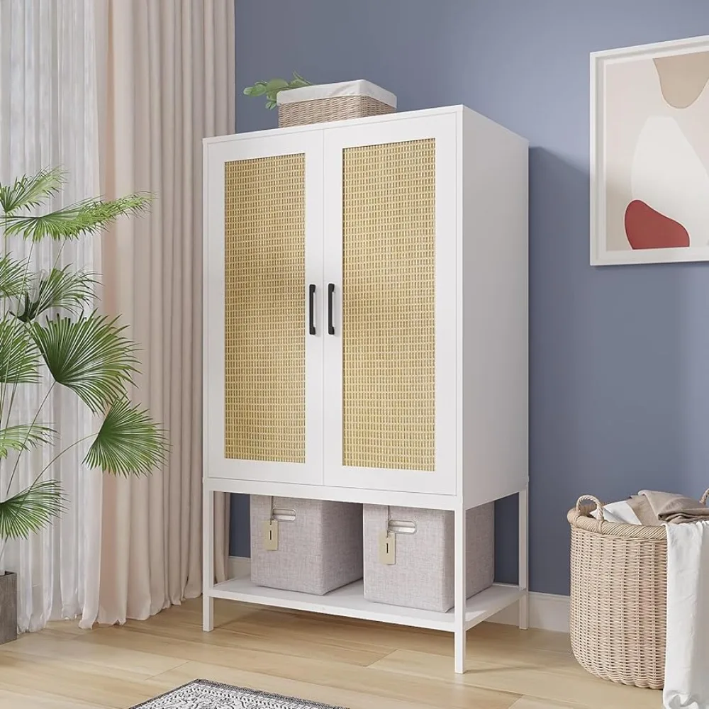 

Шкаф-гардероб с 2 дверцами из ротанга, для спальни, с подвесным стержнем, отдельно стоящий деревянный шкаф, шкаф для одежды, буфеты
