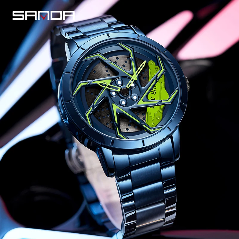 SANDA 2023 New Men Cool Racing Watch Blue Stainless Steel Strap 360° Rotating Dial Watch Mens Quartz Watches Waterproof Reloj