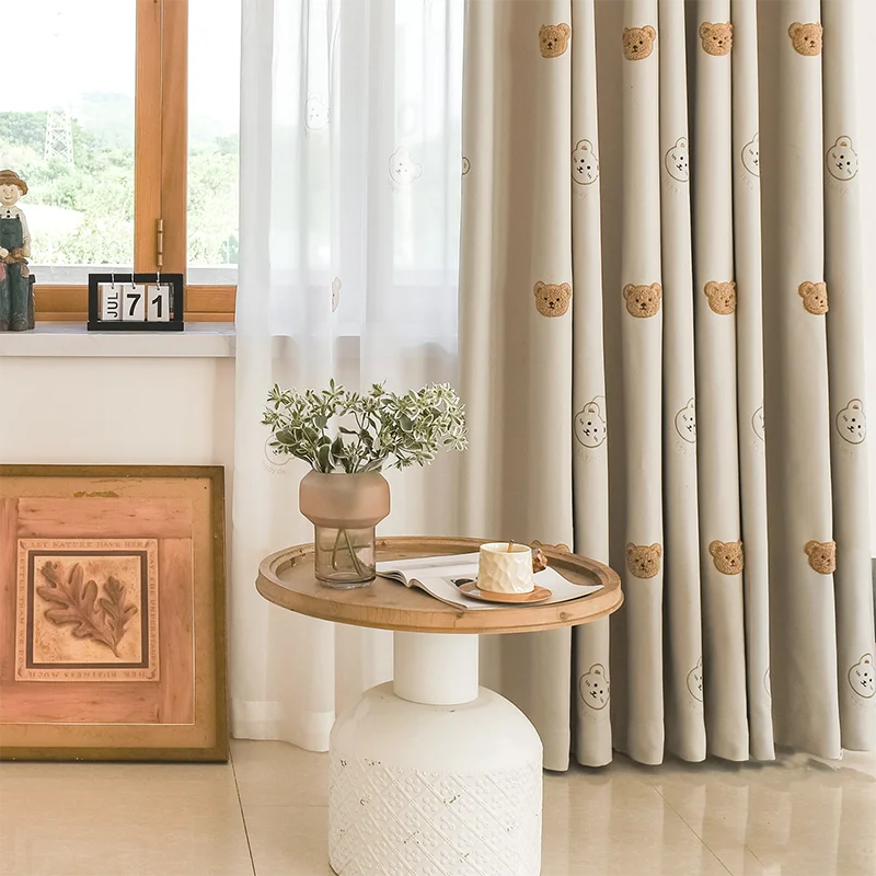 Korean Cartoon Brown Plush Bear Embroidered Curtains Beige High Grade Childrens Curtain For Boy and Girls Room Baby Room Nursery - Image 3