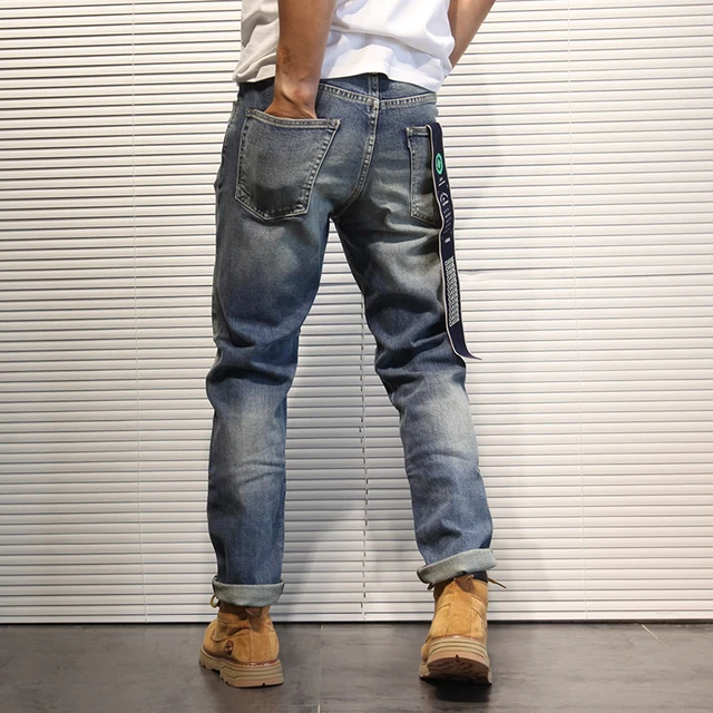 Spring Autumn Retro Men's Jeans Cargo Straight Denim Pants Loose Washed Classic Tapered Full Length Trousers Clothes 4