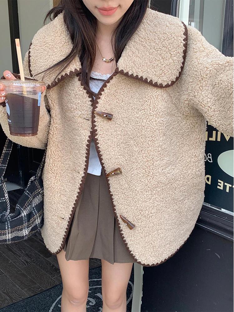 

Women's Horn Buttons Lamb Wool Coats Jacket 2022 Autumn Winter Female Lapel Collar Warm Overcoat Loose Single Breasted Outerwear