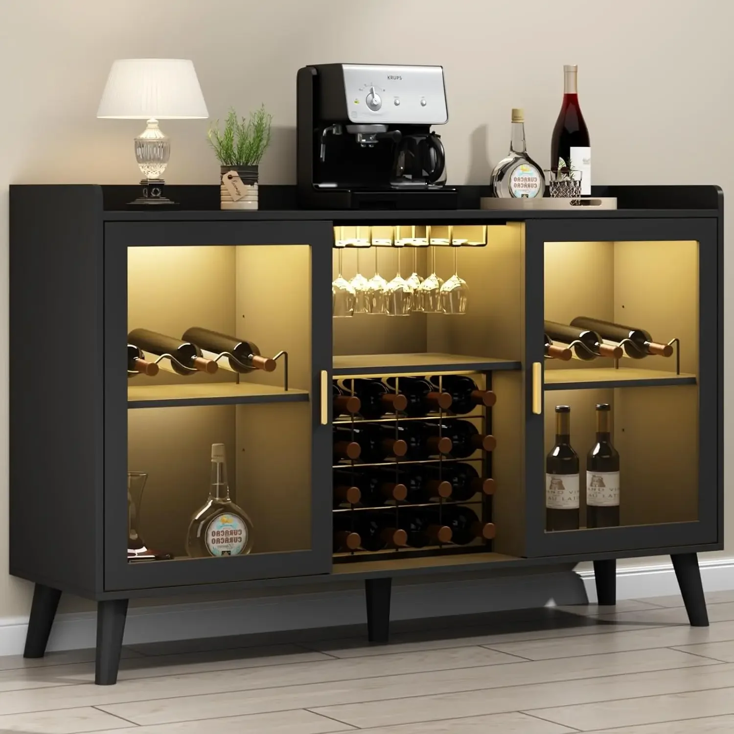 

Coffee Cabinet w/ Wine Rack & Glass Holder,Kitchen Buffet Sideboard w/ Storage Shelf,Liquor Cabinet w/ LED Light for Dining Room
