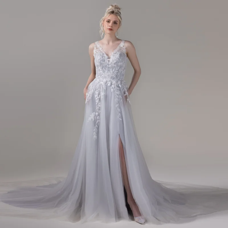 

New Arrival V-Neck A-Line Tulle Gray Wedding Dresses 2023 Appliques Front Split Keyhole Back Sexy Bride Dress
