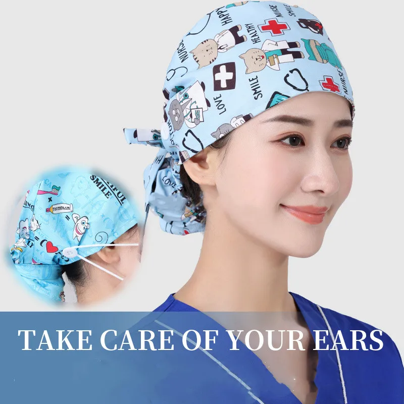 Operating Room Working Hat Women Long Hair Cover Cap Eautician Cooking Chef Caps Nurse Headwear Turban Cotton Nurse Hats working caps with buttons ribbon tie for women printe doctor nurse cap breathable adjustable sweat absorbent scrub hat long hair