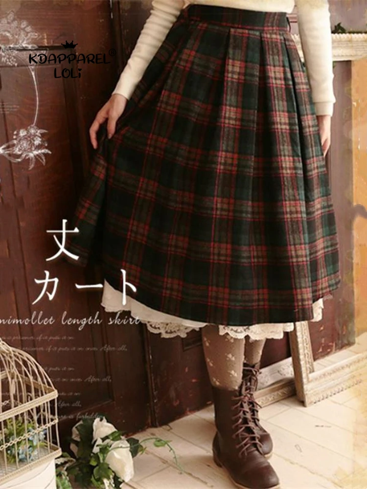 

Лолита японская клетчатая юбка Mori Girl осень весна зима винтажная женская одежда плотная Шерстяная эластичная талия Женская кавайная юбка