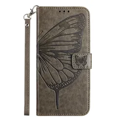 Butterfly Leather Wallet Flip Case with Handy Strap and Card Slots for Oukitel C35 (Grey)