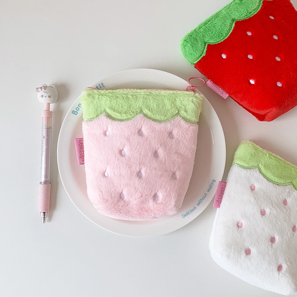 Cute Strawberry Plush Pencil Case With Zipper For Travel Makeup_voghion.com