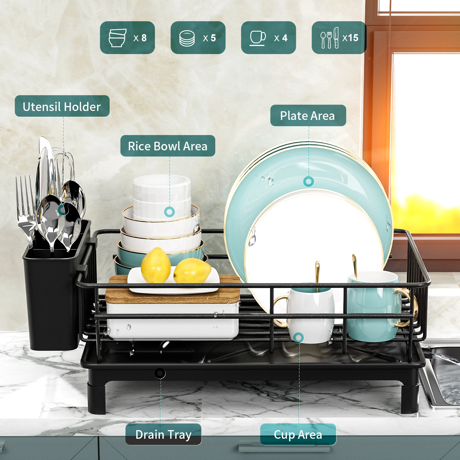 1pc Dish drying rack Kitchen countertop tableware storage Automatic drying