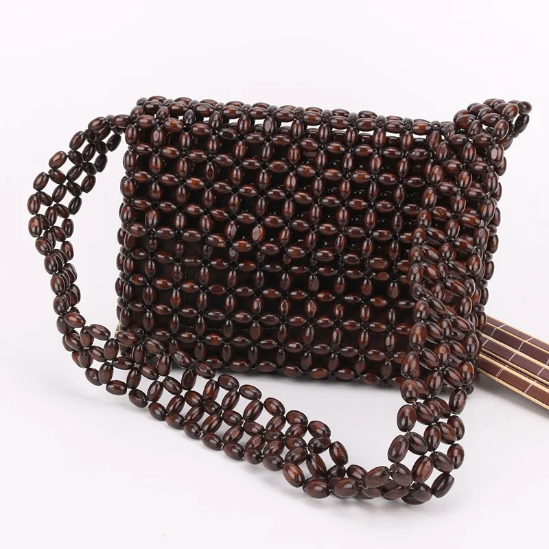 

Simple Casual Dark Coffee Colored Wooden Bead Beaded Woven Crossbody Bags New Custom Retro Lining Flap for Women's Shoulder Bag