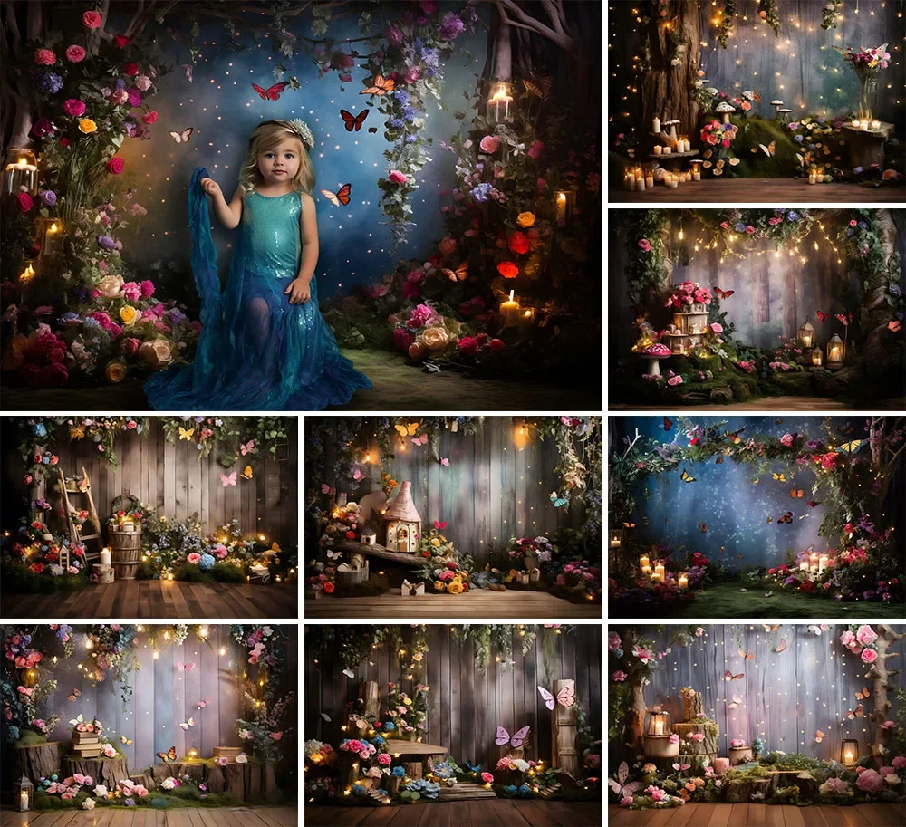 

Mehofond Photography Background Spring Forest Butterfly Floral Kid Birthday Party Cake Smash Portrait Decor Backdrop Photo Studi