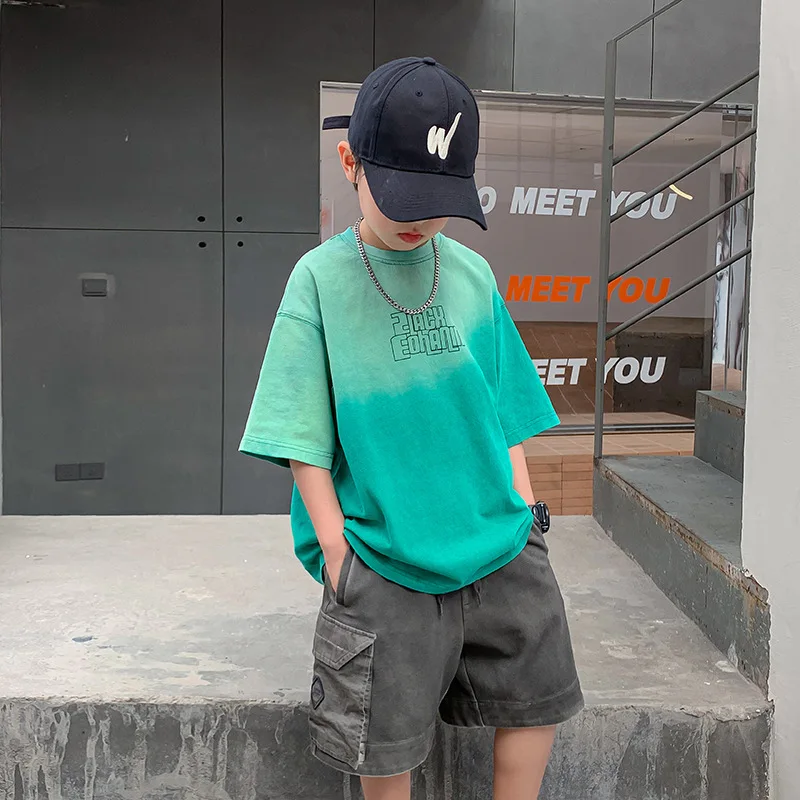 Fashion Brand Green Gradient Color ChildrenTT-shirt Summer New Loose Boys' Short Sleeve Shirt Middle and Big Children Half Sleev