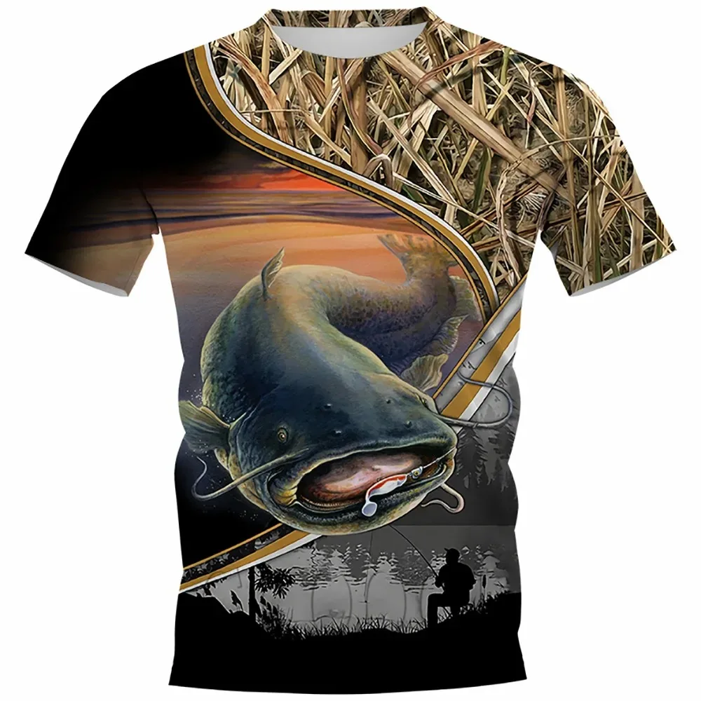 

Summer carp fishing 3D printing T-shirt men's outdoor catfish printing loose short-sleeved cotton T-shirt casual street top