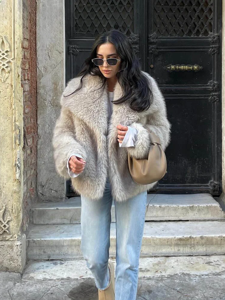 DUOPERI Women Fashion Winter Solid Thick Warm Faux Fur Coat Lapel Collar Long Sleeves Female Chic Lady Casual Outfits 3