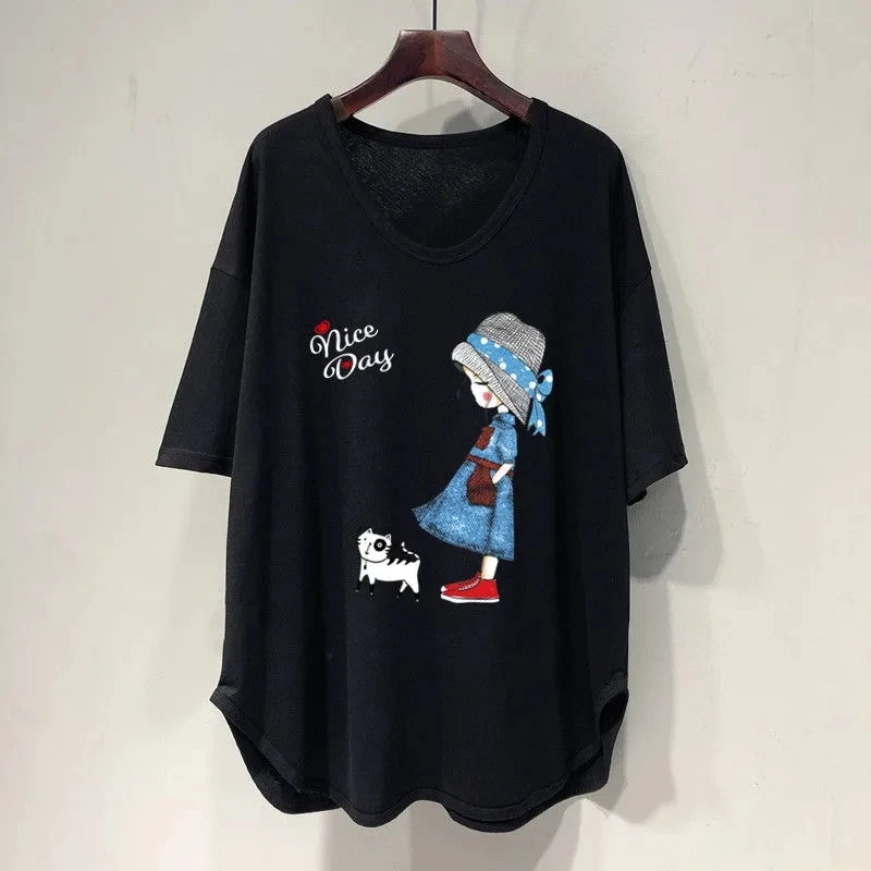 Plus Size 5XL 150KG Summer Women O Neck Cartoon t shirt Short