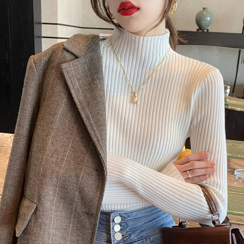 Autumn and Winter Semi High Neck Knitted Sweater Solid Color Long Sleeved Pullover Tight Fitting Slimming Top 118