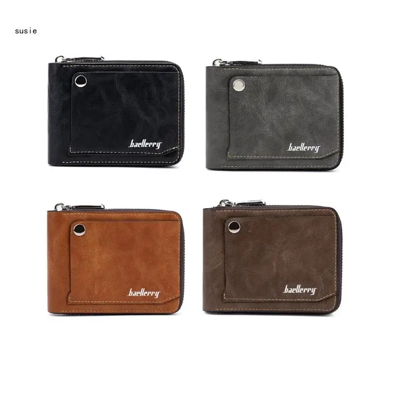 

X7YA Portable Men's Retro Coin Purse Secure Zipper Closure PU Short Wallet Suitable for Everyday Use