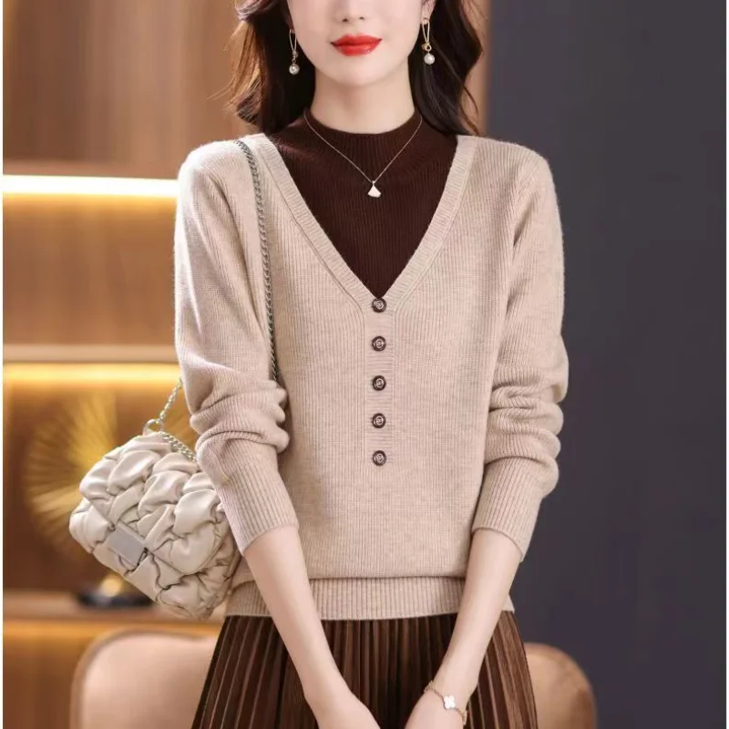 

Autumn Winter New Versatile Oversize Women's Clothing Fashion Splice Buttons Half High Collar Long Sleeve Solid Color Pullover