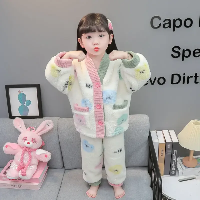 어린이 플란넬 잠옷, 여아 플러스 플리스 가디건, 따뜻한 산호 플리스, 가정 세트 세트, 가을 및 겨울