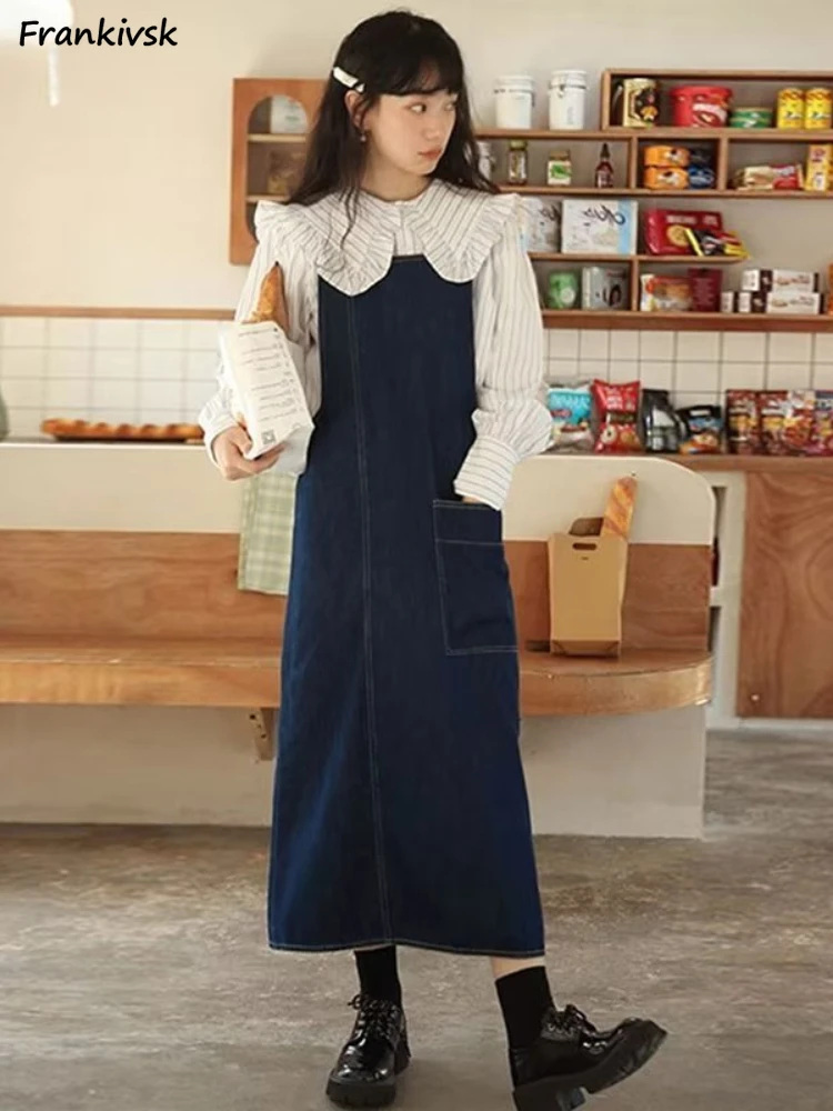 

Женское джинсовое платье на бретельках, универсальные платья средней длины без рукавов в Корейском стиле, осенний стиль