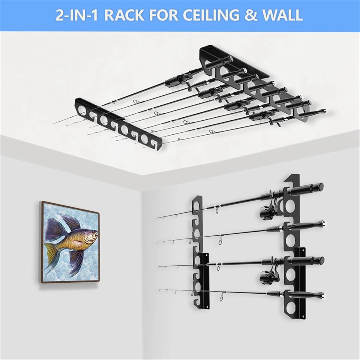Wall Mounted Fishing Rod Holder Fishing Poles Horizontal Support Rack Wall Ceiling Storage Rack