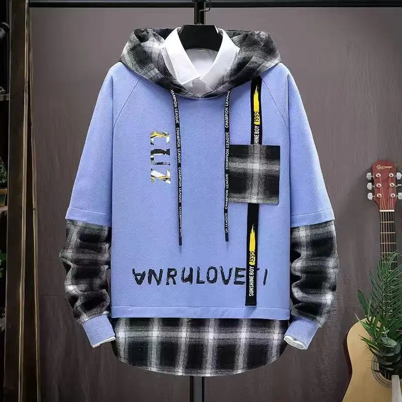 New Men's Clothing Hooded Long Sleeve Autumn Winter Fake Two Pieces Fashion Casual Sporty Letter Spliced Contrast Color Tops