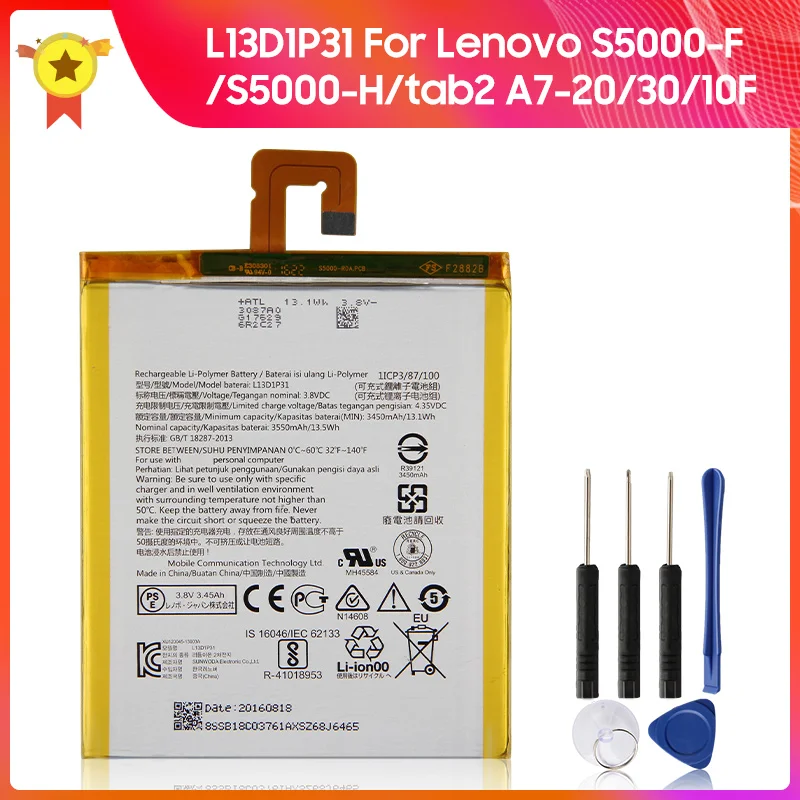 

Оригинальный запасной аккумулятор L13D1P31 для Lenovo S5000-F/S5000-H/tab2 A7-20/30/10F оригинальный 3450mAh + Инструменты