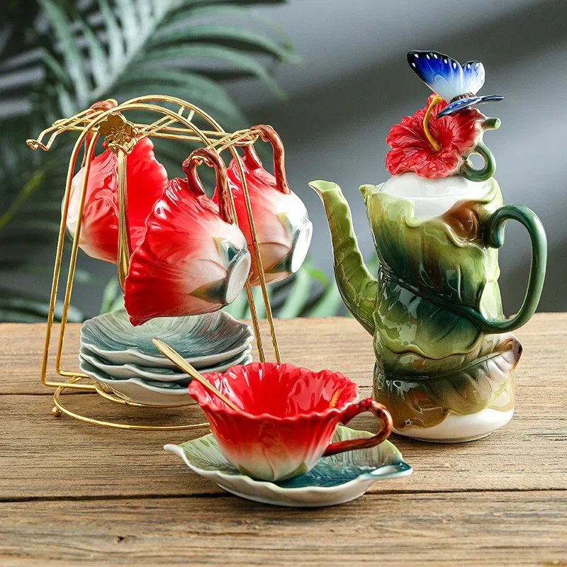 Enamel Craft Ceramic Tea Set Crockery Coffee Cup And Saucers Pastoral Flower Series Afternoontea Drinkware With Cups Holder