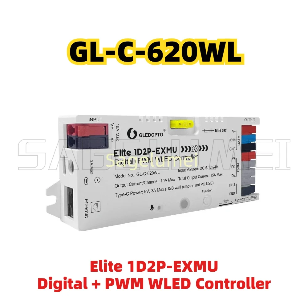 WLED Controller Elite 1D2P-EXMU GL-C-620WL Built-in Relay/ Fuse Ethernet Type-C for Digital RGBIC PWM Single Color CCT LED Strip